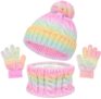 GWAWG Kids Hat Scarf Gloves Set 3-in-1 Winter Knitted Pom Pom Beanie, Neck Warmer & Gloves for Boys Girls, Soft Fleece Lined Gradient Hat Scarf and Gloves Set for Children Aged 310 Pink
