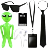 GWAWG Secret Spy in Black Costume, MIB Costume Accessories Set – Inflatable Alien, Black Tie, Aviator Sunglasses, ID Badge & Fake Earpiece, for Halloween Dress Up Parties Performances
