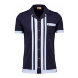Gabicci Vintage Pulp Retro 70s Stripe Revere Jersey Shirt in Navy
