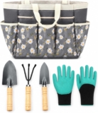 Garden Tools Set with 600D Oxford Fabric Tote, Gardening Tools with Wooden Handles, Complete Garden Hand Tools Organizer Bag for Women & Men, Gardening Gifts for Planting, Weeding & Lawn Care