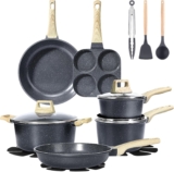 GiPP Pots and Pans Set Non Stick – 17PCS Granite Kitchen Cookware Sets Nonstick Induction Cookware Non-Toxic Cooking Pan Set with Silicone Spatula & Spoon, PFOS & PFOA Free(Grey,17PCS)