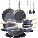 GiPP Pots and Pans Set Non Stick – 18PCS Granite Kitchen Cookware Sets Nonstick Induction Cookware Non-Toxic Cooking Pan Set with Silicone Spatula & Spoon, PFOS & PFOA Free(Grey,18PCS)