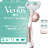 Gillette Venus Pro Smooth Sensitive Womens Razor, 1 Handle & 3 Blade Refills – 5-Blade System, Sensitive Skin Protection, Reusable Metal Handle, Shower Holder
