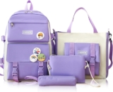 Girls School Bag Set, 4 Pcs Cute Canvas Backpacks with Cute Bear Decoration and Badges, Purple