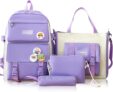 Girls School Bag Set, 4 Pcs Cute Canvas Backpacks with Cute Bear Decoration and Badges, Purple