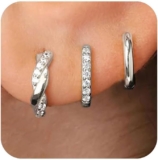 GlamRays 3 Pairs of Earrings Set for Women, Petite Small Sterling Silver Earrings for Multiple Piercings, Lightweight Hypoallergenic Jewellery, silver, L