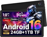 Gleeso TabletAndroid 16 Tablet 10 Inch24GB RAM 1TB TF Android Tablets with 6000mAhFace UnlockWidevine L1BT 5.4/5G WiFi8MP Dual Camera, OTG Tablet PC – Black