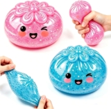 Glitter Dumpling Squishy, 2 Pack Mystery Dumpling Squeeze Toy with Steamer Boxes, Bao Bun Squishy Slow Rising Fidget Toys, Anxiety Relief Dumplings Stress Ball for Adults and Kid