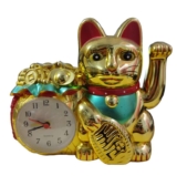 Golden Maneki-Neko Lucky Cat Charm with Clock – 6 Inch Waving Arm Fortune Cat