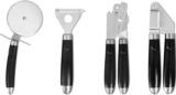 Good Food in Partnership with Tower 4Pc Gadget Set, Pizza Cutter, Y Peeler, Can Opener, Garlic Press, Stainless Steel Heads, Black