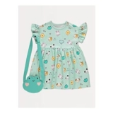 Green Cartoon Frog Frill Sleeve Dress and Bag Outfit