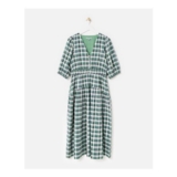 Green Checked V-Neck Puff Sleeve Midi Dress