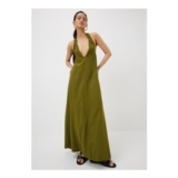 Green Halter Neck Linen Blend Maxi Dress Olive