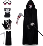 Grim Reaper Costume Kids Adult, Scary Halloween Costumes, 5Pcs Black Scary Halloween Costumes Set with Glowing Eyes Ghostface Mask, Cosplay Outfits for Kids Boys Adult Halloweens Costume Cosplay Party