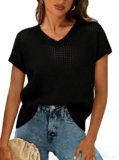 Gyabnw Womens Crochet Knit Top Cap Sleeve Loose Fit Summer Casual Wear Crochet knit texture, V neck, cap sleeves, hollow out mesh design, for summer days and casual outfits