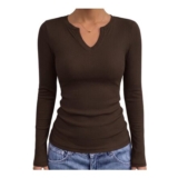 Gyabnw Womens Ribbed Long Sleeve Fitted Notch V-Neck Top Brown
