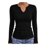 Gyabnw Womens Ribbed Long Sleeve Top Notch V-Neck Black