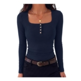 Gyabnw Womens Ribbed Long Sleeve Top, Square Neck, Button Detail