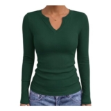 Gyabnw Womens Ribbed Long-Sleeve V-Neck Top Green