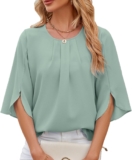 HANERDUN Womens Casual Tops 3/4 Sleeve Crew Neck Chiffon Blouse Shirt Tops Loose Tunic Top