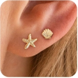 HANLI Gold Earrings for Women Trendy S925 Sterling Silver Starfish Stud Earring Dainty Lightweight Minimalist Simple Seashell Summer Beach Themed Hypoallergenic Jewelry