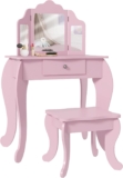 HOMCOM Kids Vanity Table and Chair Set, Girls Vanity Set with Tri-Folding Mirror and Stool, Makeup Dressing Table with Drawer, Pink