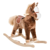 HOMCOM Plush Rocking Horse with Wooden Base, 3, Brown