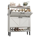 HOME BI Farmhouse Shoe Cabinet: 3-Tier, Flip Drawers, Antique White