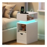 HOOBRO Narrow Bedside Table, USB & USB-C Charging, LED, White