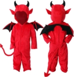 Halloween Costumes Devil Unisex With Jumpsuit, Hood, Wings And Tail Fleece Warm Hoodie Romper Suits Outfits Zip Up Thick Devil Costumes For Halloween And Fancy Dress Parties