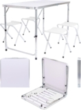 Harbour Housewares 120cm (4ft) Height Adjustable Aluminium Folding Picnic Table with 4 Chairs – White – 4-Seater Foldable Portable Outdoor Garden Patio Camping BBQ Dining Trestle Furniture