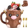 Highland Cow Ice Creams Holder, 3D Printed Ice Cream Tub Holder, Reusable Cute Animal Anti-Freeze Cup Holder, with Drawer & 2 Spoon, Highland Cow Lover Gifts, Cute Kitchen Decor for ICES Cream Lovers