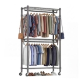 Himimi 3-Tier Double Rod Garment Rack with Wheels, Black