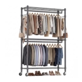 Himimi Double Rod Garment Rack with Adjustable Shelves and Wheels