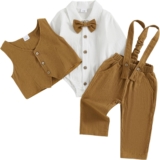 Himllauen Infant Baby Boys Autumn 3Pcs Gentlemen Sets Toddler Long Sleeve Lapel Button Romper Waistcoat Suspender Pants Sets Newborn Boy Wedding Outfit