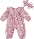 Himllauen Infant Baby Girl 2 Pcs Autumn Outfits Toddler Long Sleeve Square Neck Bow Front Smocked Jumpsuit with Headband Newborn Girl Casual Bodysuit Set