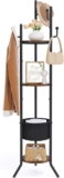 Hoctieon Coat Rack Freestanding, Round Coat Rack with 3 Wooden Shelves and 1 Fabric Basket, Metal Clothes Tree with 5 Hooks, Coat Hanger Stand for Clothes, Hats, Bags, Brown and Black