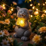 Hoikwo Solar Cat Garden Ornaments Outdoor with LED Light, Waterproof Outside Cat Statue Holding Sunflowers Decor – Gifts for Women, Mum, Grandma, Cats Lover on Birthday, Christmas
