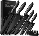 Home Hero Kitchen Knife Set, 5-Piece Black Stainless Steel Knife Set with Protective Sheaths & 2-Stage Sharpener, Chef, Bread, Carving, Utility & Paring Knives