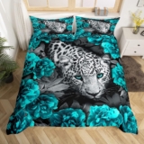 Homewish 3D Leopard Duvet Cover Teal Rose Cheetah Print Bedding Set King Size African Safari Animals Comforter Cover For Child Teens Youth Man Novelty Big Cat Wildlife Wild Animal Room Decor