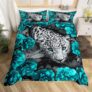 Homewish 3D Leopard Duvet Cover Teal Rose Cheetah Print Bedding Set King Size African Safari Animals Comforter Cover For Child Teens Youth Man Novelty Big Cat Wildlife Wild Animal Room Decor