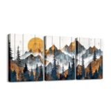 Homewish Mountain Framed Canvas Wall Art Set, Country Woodcut Style