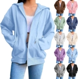 Hoodies For Women Uk Solid Color Long Sleeve Zip Up Sweatshirts With Pockets Casual Drawstring Ladies Hoodie Lightweight Comfortable Hooded Sweatshirt Oversized Tops Plus Size Summer Jackets