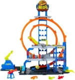Hot Wheels Toy Car Track Set with Die-Cast Car & Helicopter, 2 Loops, Storage for 37 1:64 Scale Vehicles, Speed Snap Adapters, Mega Loop Garage, JLC05