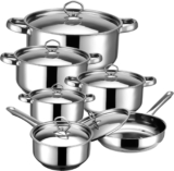 Hunnycook Stainless Steel Pot and Pan Set – 12Pcs Induction Hob Pots and Pans Sets, Includes 5 Pots and Saucepan with Lid, Frying Pan, Nonstick & Fixed Handles, PFOA Free