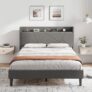IRONCK 4ft6 Double Bed Frame with Charging Station, Bed Frame Double with Upholstered Storage Headboard, Sturdy Wooden Slat Support, No Box Spring Needed, Grey 135X190 cm