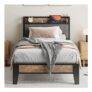 IRONCK Bed Frame with Storage Shelf, Upholstered Headboard, Charging Station