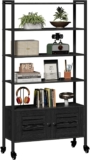 IRONCK Bookshelf with Doors, Storage Shelf, Large Bookcase with Casters, 5 Tier Industrial Shelves, Adjustable Free Standing Display Shelf for Living Room, Office, Dinning Room, 70x30x144cm (Black)