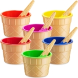 Ice Cream Bowls Set (Pack of 6) Reusable Plastic Spoons Waffle Cone Shaped