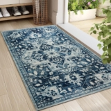 Imperial Rooms Machine Washable Bedside Small Rug 40×60 cm – Soft Short Pile Blue Area Rugs For Bedroom Entrway Non Slip Floor Carpet Traditional Vintage Design Cashmere Door Mat For Kitchen, Tranquil